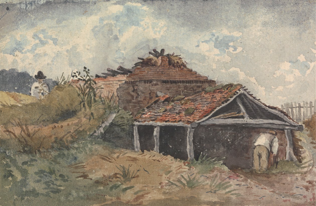 Paisagem com duas figuras ao lado de um edifício antigo de David Charles Read