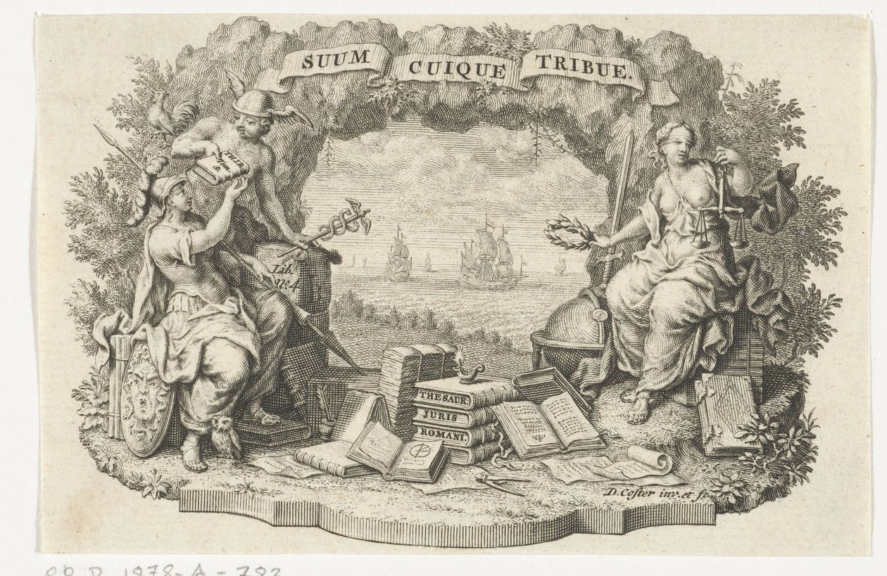 Vinheta com Mercúrio, Minerva e Justiça de David Coster