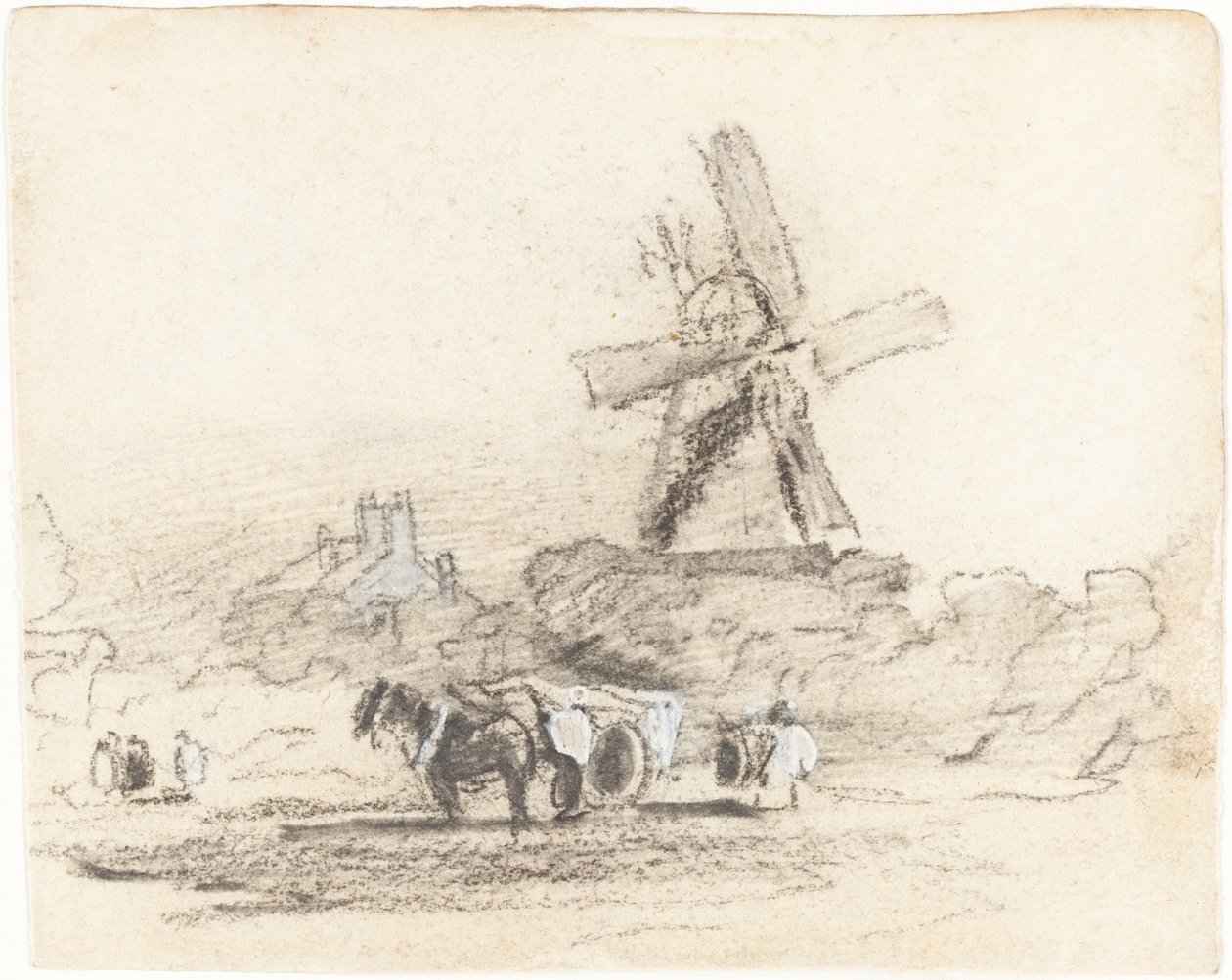 Um carrinho com dois cavalos perto de um moinho de vento de David Cox