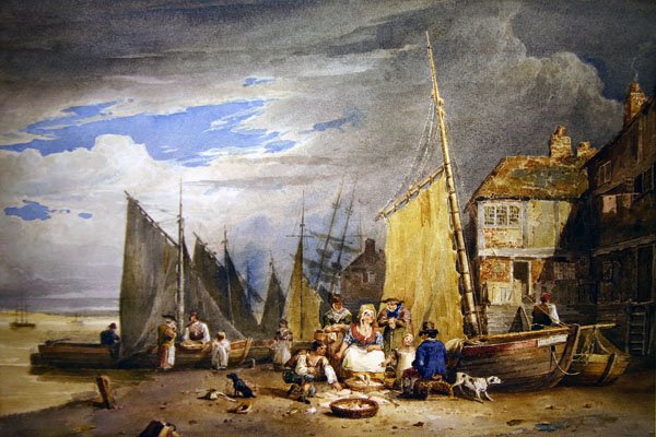 Uma Peixeira com as suas mercadorias à beira do Tamisa (aguarela sobre papel) de David Cox