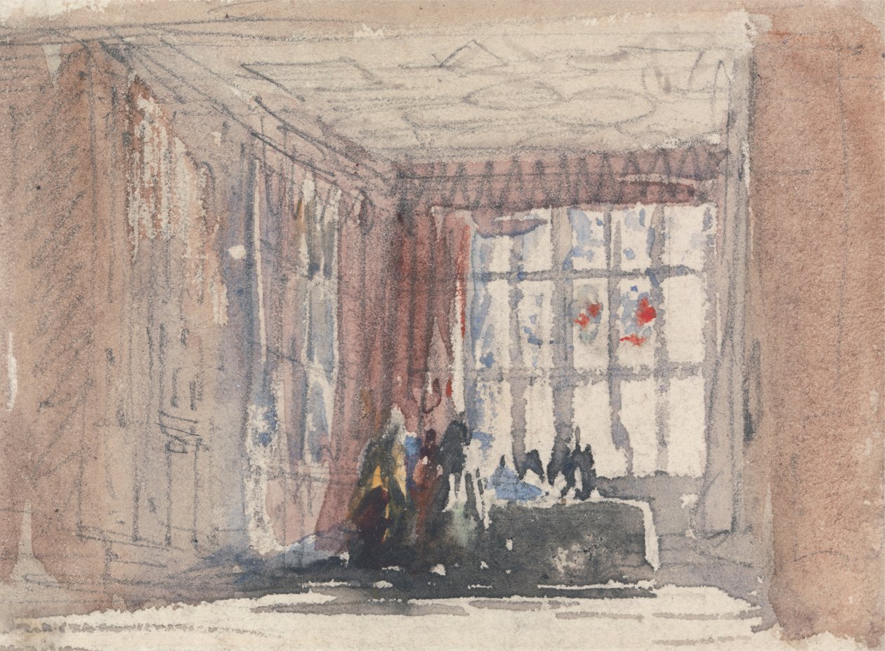 Uma sala Tudor com figuras, possivelmente Hardwick Hall ou Haddon Hall de David Cox