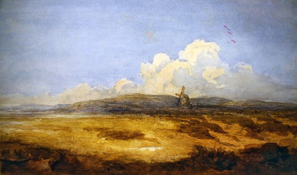 Um moinho de vento sobre um comum (aguarela sobre papel) de David Cox