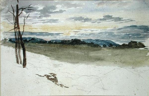 A Woodland Landscape at Sunset (lápis e aguarela sobre papel) de David Cox