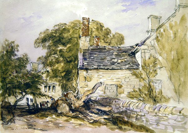Figuras fora de uma velha cabana de pedra (giz preto e aguarela sobre papel) de David Cox