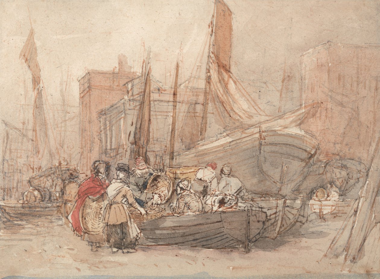 Cena portuária com barcos de pesca a serem descarregados de David Cox