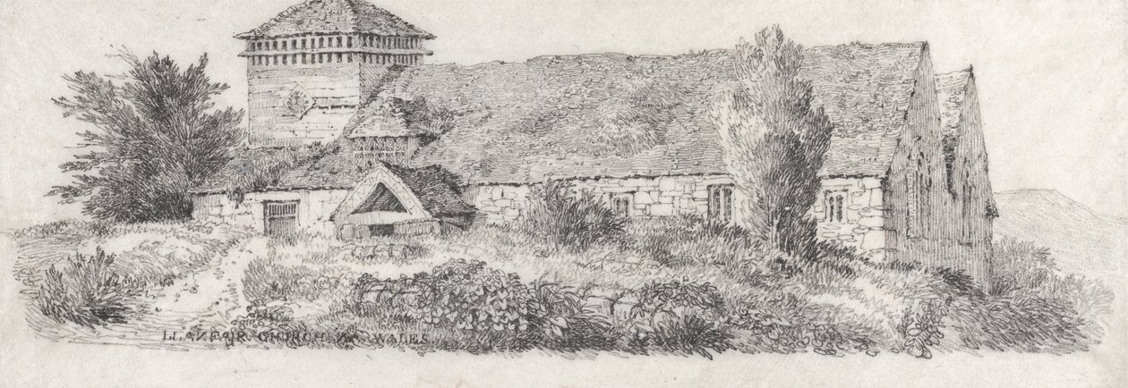 Igreja de Llanfair, País de Gales do Norte para um tratado sobre pintura paisagística e efeitos nas cores da água de David Cox