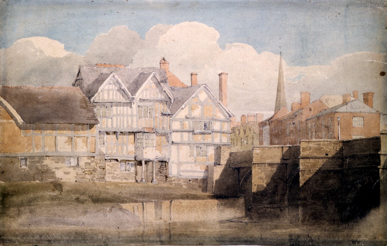 Casas antigas e ponte Wye, Hereford, 1820 de David Cox