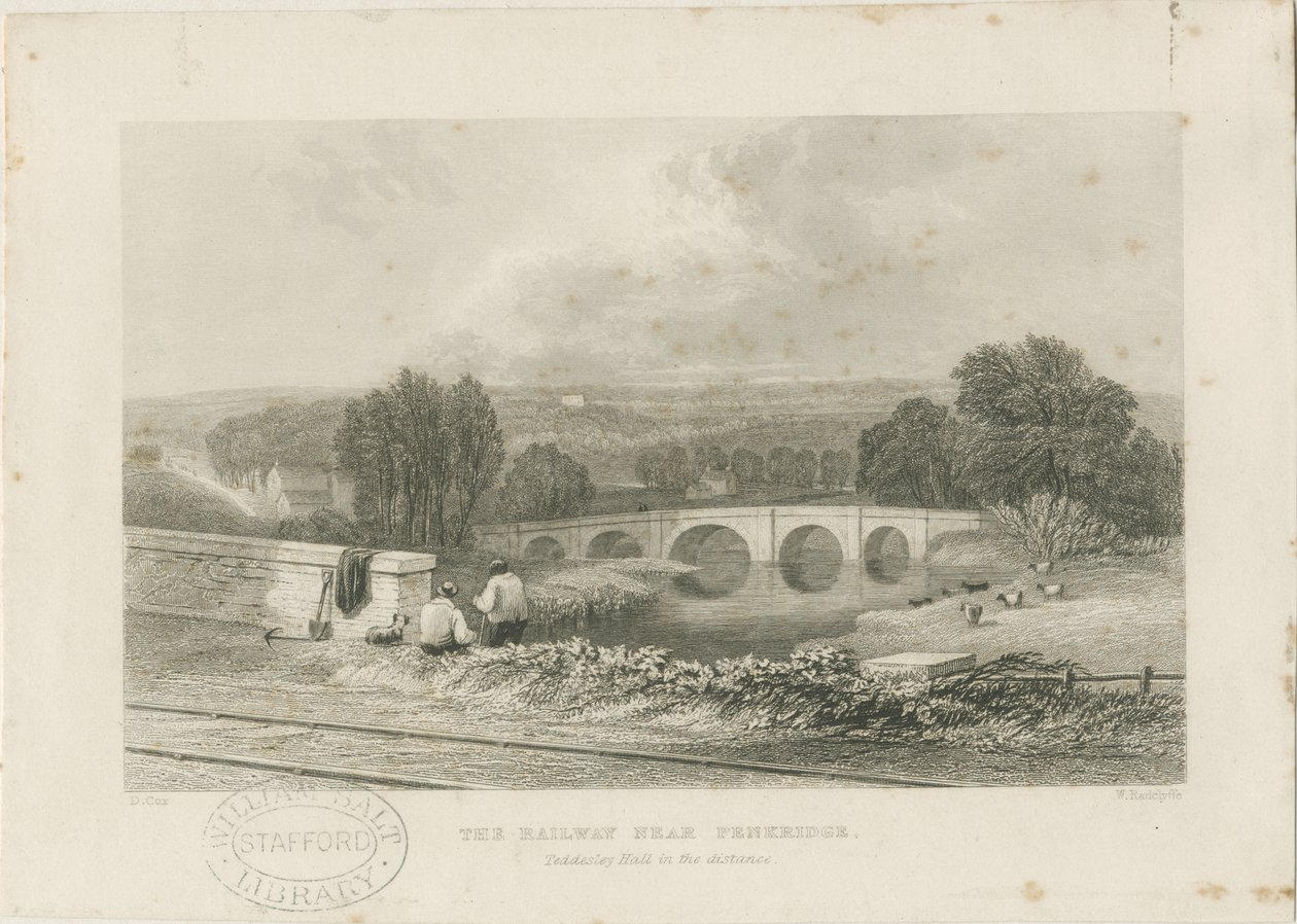 Penkridge Town - Ferrovia e ponte de touros: gravura em aço, nº [c 1839] de David Cox