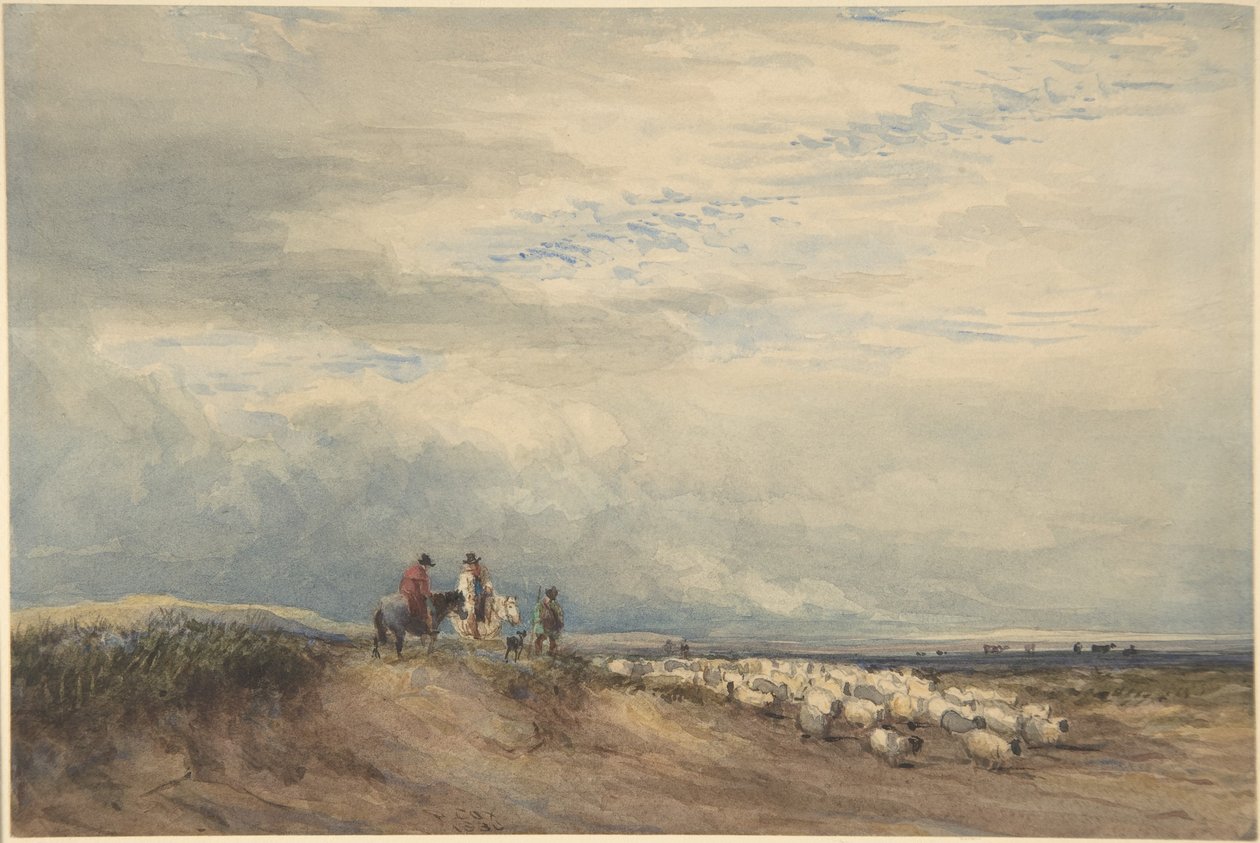 Cavaleiros com ovelhas perto de um estuário de David Cox
