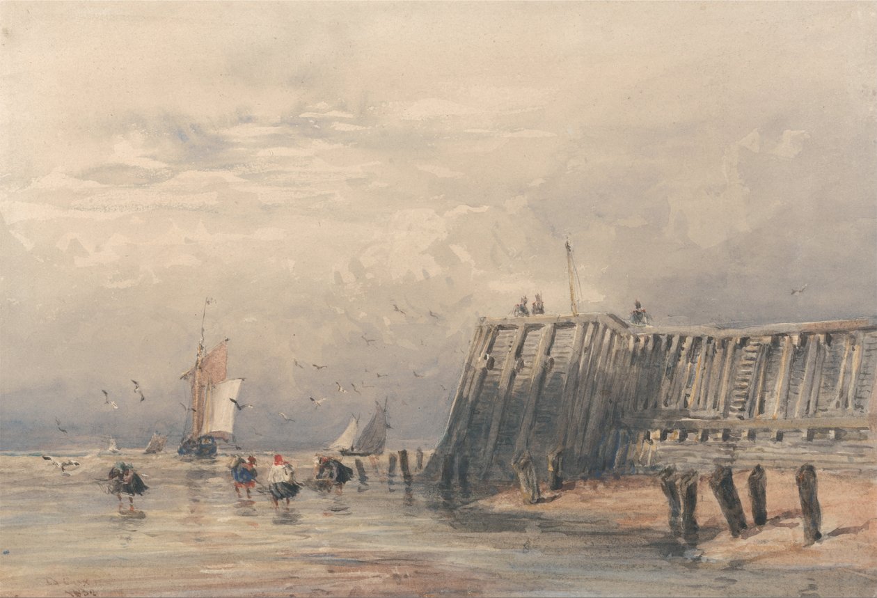 Barcaças à vela e camaroeiros ao largo de um cais de David Cox