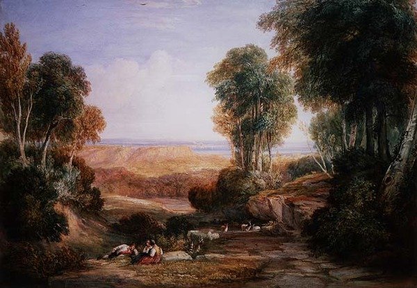 A junção do rio Severn e do rio Wye com o Castelo de Chepstow à Distância (aguarela sobre papel) de David Cox