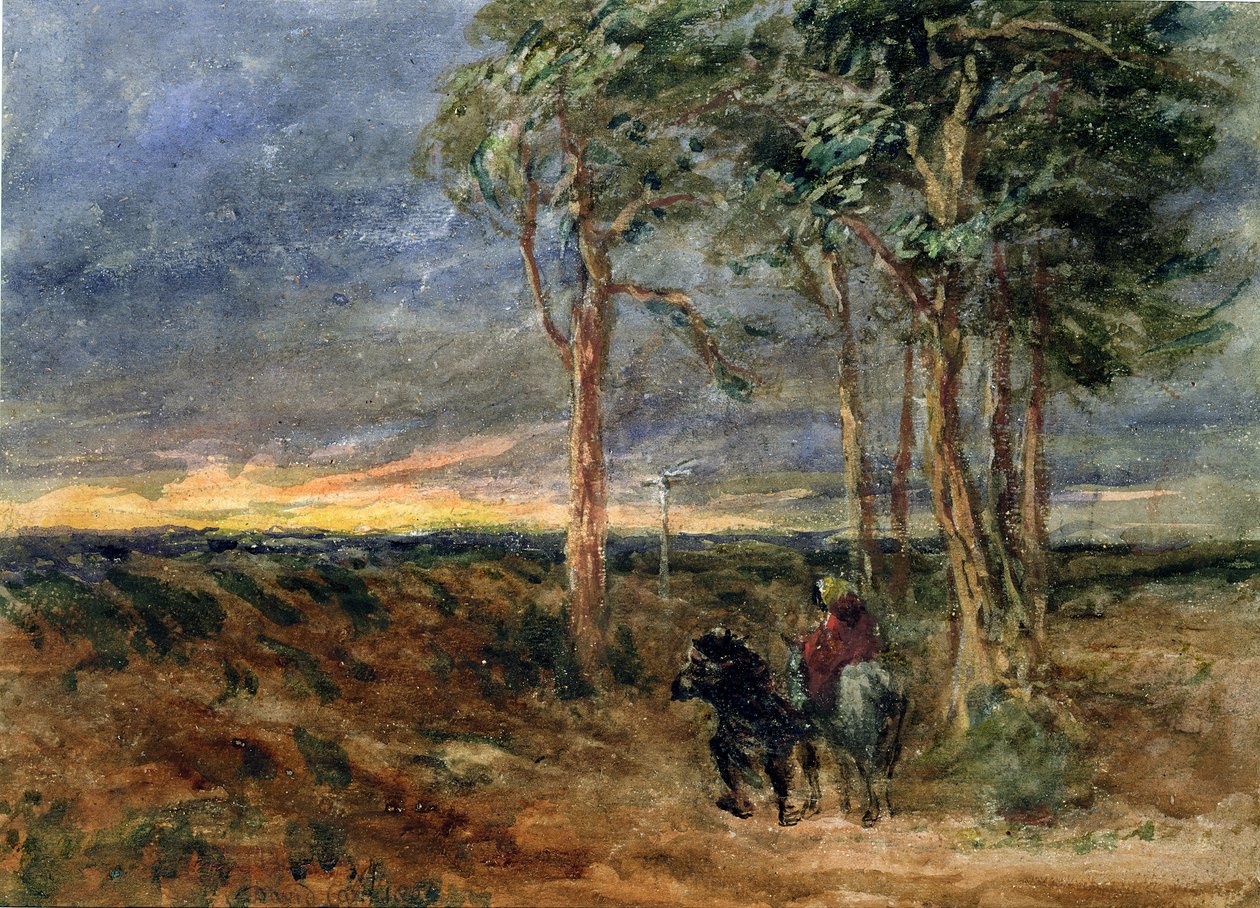 Viajantes que se aproximam de uma placa de sinalização em um Heath, 1851 de David Cox