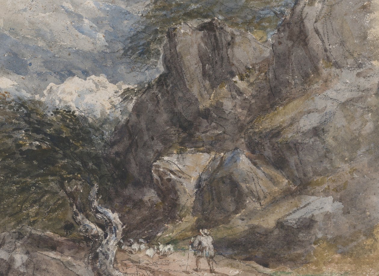 Conduzindo ovelhas em uma paisagem rochosa, ca. 1846. de David Cox the elder