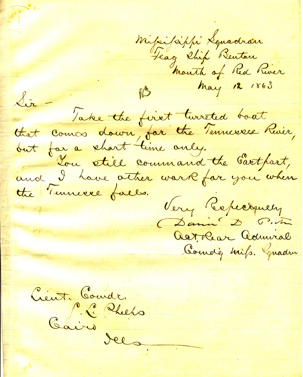 Carta de David D. Porter, U. S. S. Benton, foz de Red River, para Seth Ledyard Phelps, Cairo, Illinois, 12 de maio de 1863 de David D. Porter