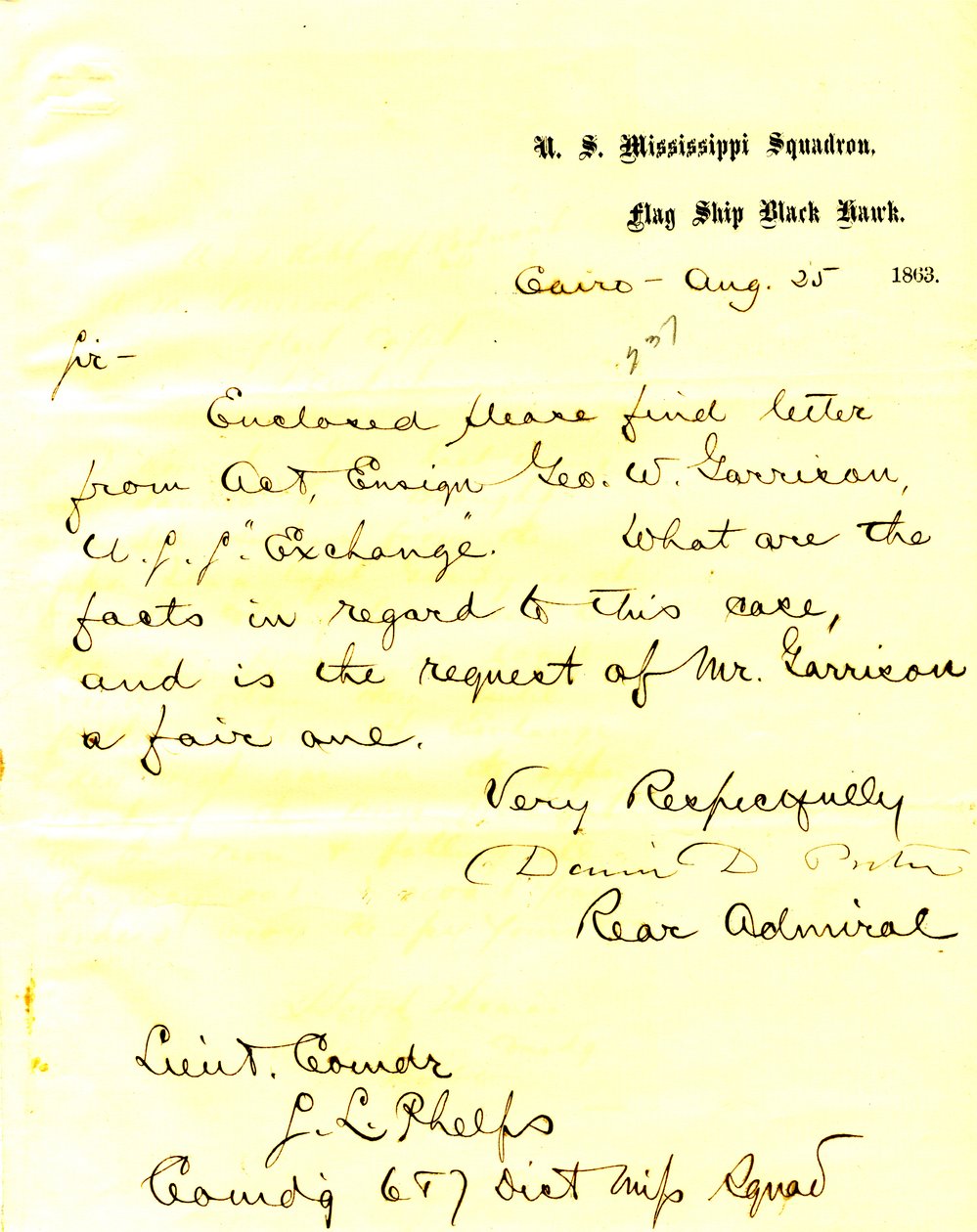 Carta de David D. Porter, U. S. S. Black Hawk, Cairo, Illinois, para Seth Ledyard Phelps, 25 de Agosto de 1863 de David D. Porter