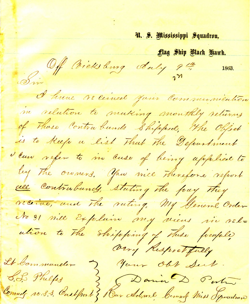 Carta de David D. Porter, U. S. Black Hawk, de Vicksburg, para Seth Ledyard Phelps, comandando o U. S. Eastport, 9 de julho de 1863 de David D. Porter