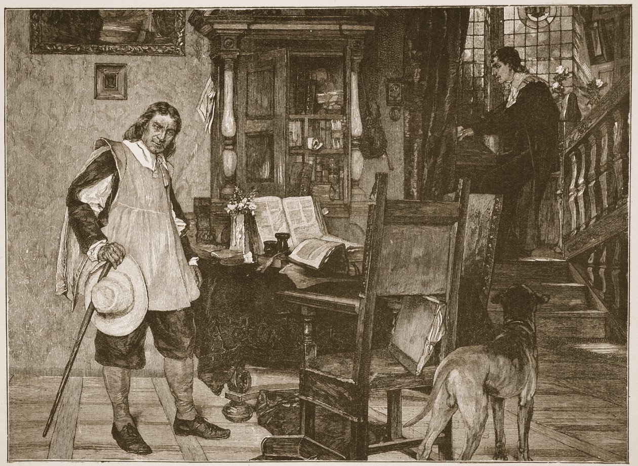 O Sr. Oliver Cromwell visita o Sr. John Milton, ilustração de "A Igreja da Inglaterra: Uma História para o Povo" da HDM Spence-Jones, pub. c.1910 (foto sépia) de David Dalhoff Neal