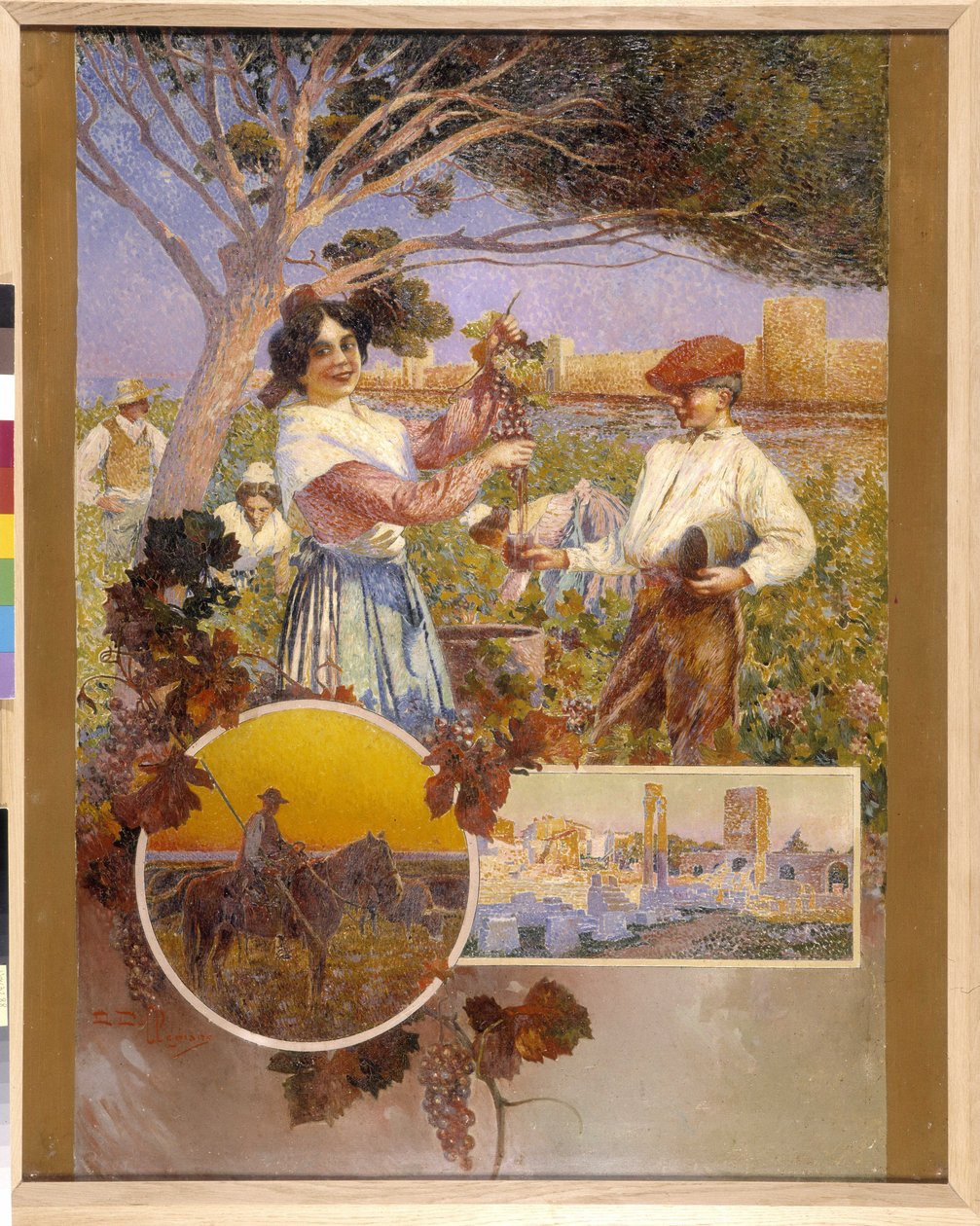 Aigues Mortes (Aigues-Mortes), Arles, a Camargue: uma jovem mostra um belo cacho de uvas que acabou de colher de uma vinha. David Dellepiane (1866-1932), o pontilhismo. Menção obrigatória: Fondação de colecção no que diz respeito a de Provence, Marselha (c de David Dellepiane
