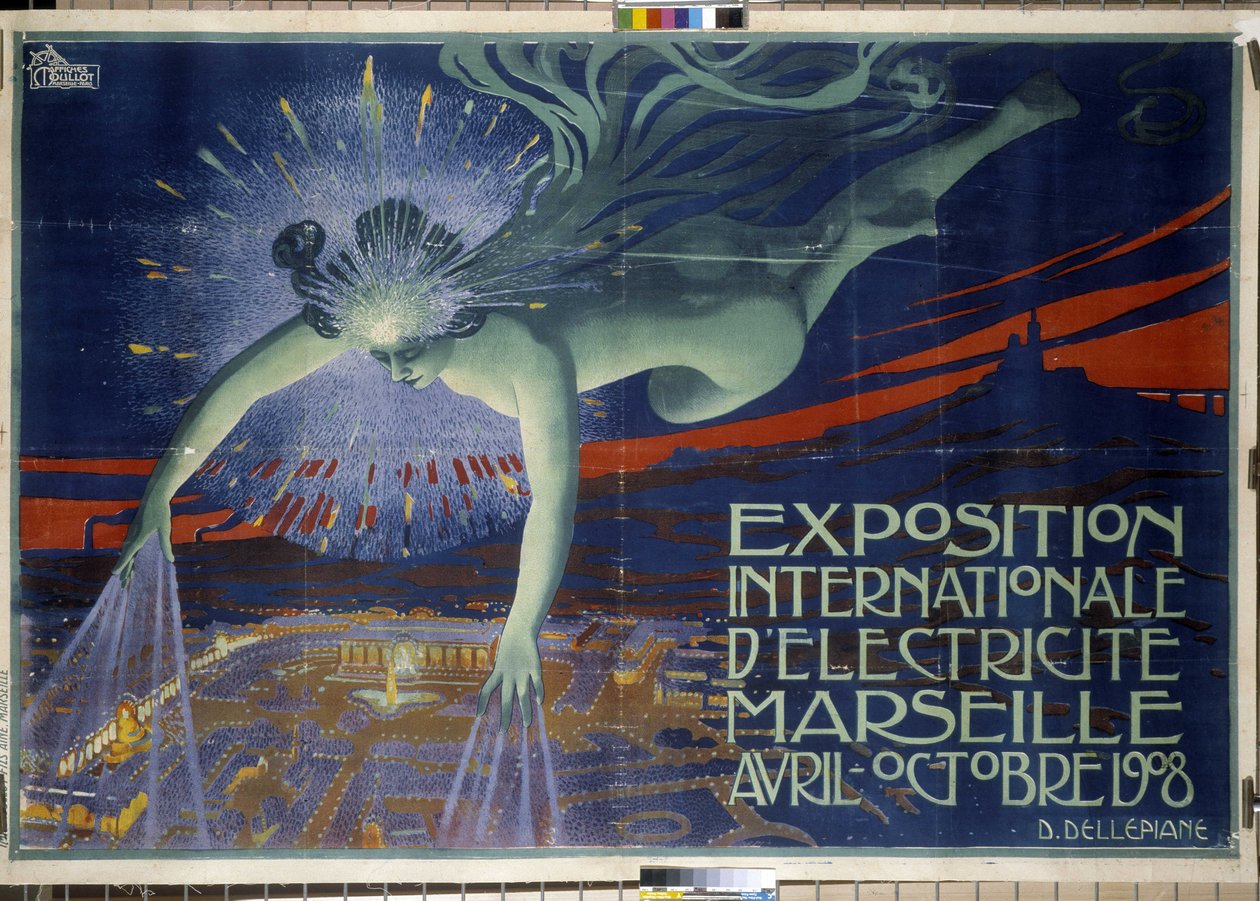 Poster "Exposição Internacional de Electricidade, Marselha, Abril-Outubro de 1908" (cartaz) de David Dellepiane