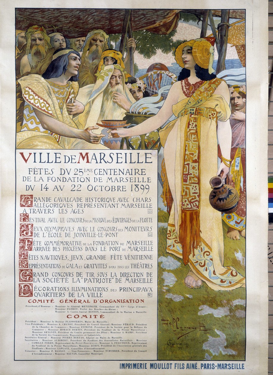 Cartaz para as celebrações do 25º centenário da fundação da cidade de Marselha de 14 a 22/10/1899 por David Dellepiane (1866-1932). Musee d