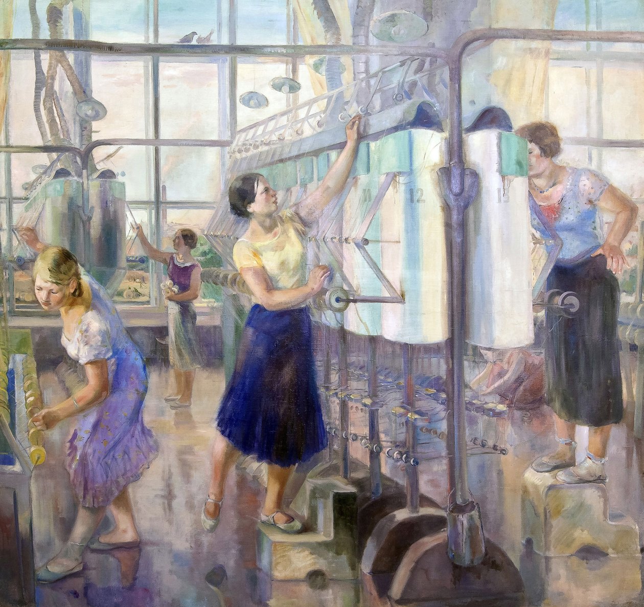Le plan quinquennal - Oficina de mulheres na Fábrica Sevkabel par Zagoskin, David Efimovich (1890-1942). Óleo sobre tela, tamanho : 200x215 de David Efimovich Zagoskin