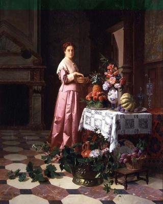Senhora com frutas e flores sobre uma mesa de David Emil Joseph de and Knarren P. Noter