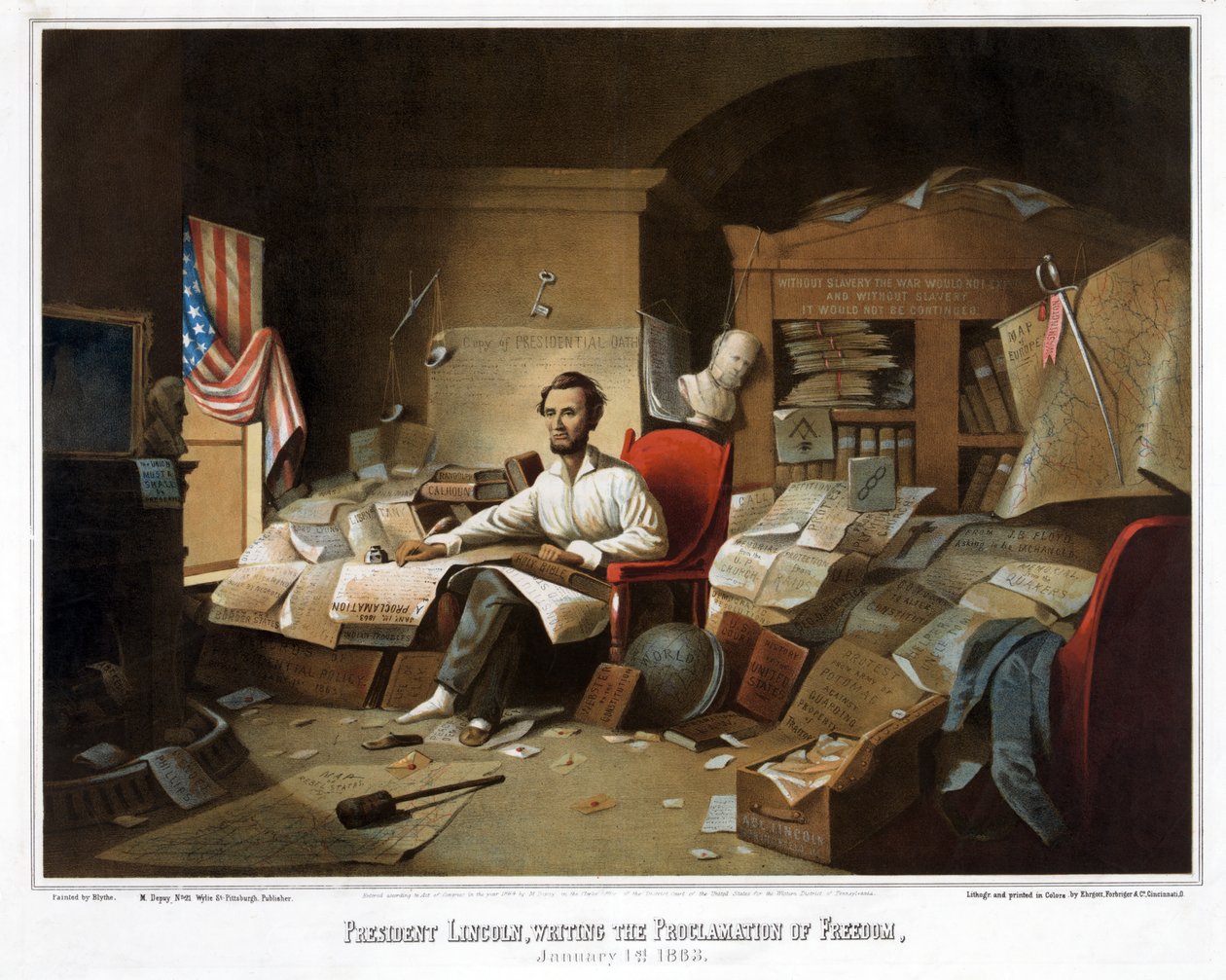 Presidente Lincoln, escrevendo a Proclamação da Liberdade, 1º de janeiro de 1863, pub. 1864 de David Gilmour Blythe