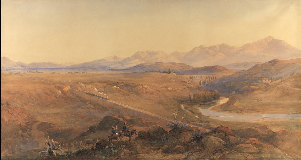 Um trem a vapor na ferrovia otomana, 1859 (wc & lápis aumentados com bodycolour) de David Hall McKewan