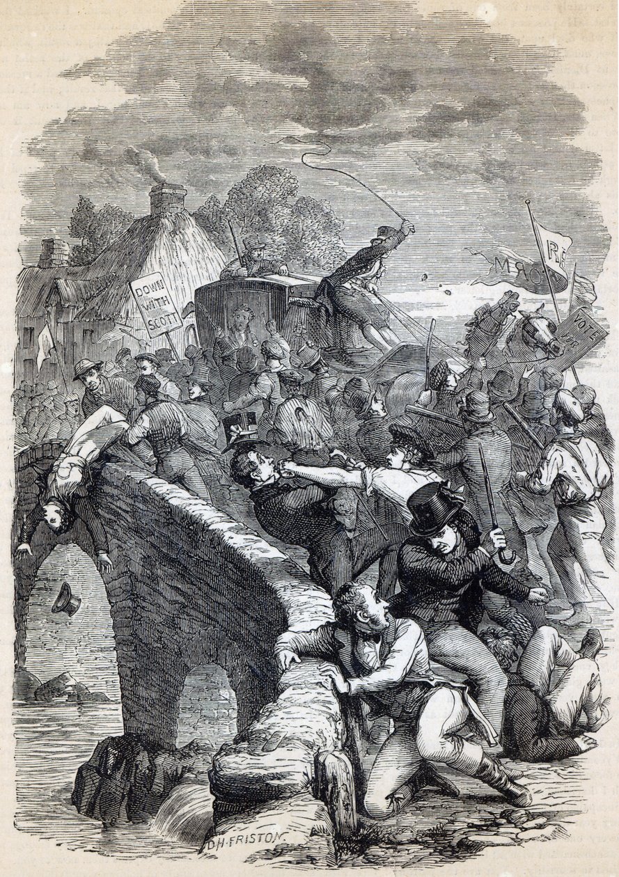Motim de eleição em Hawick, 1837, ilustração de &39;História Ilustrada de Cassell da Inglaterra&39;, publicada em 1895 de David Henry Friston