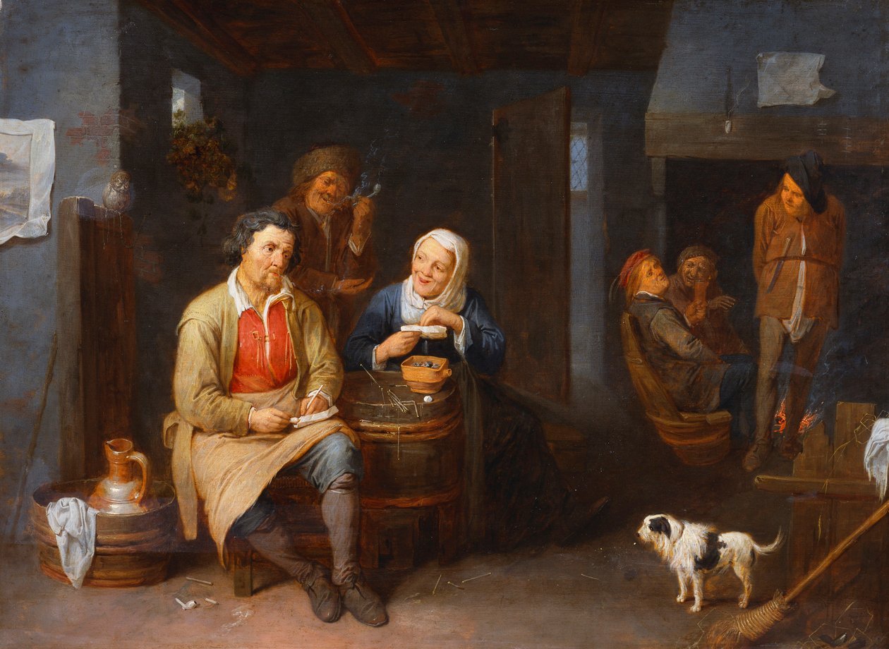 O interior de uma pousada com camponeses fumando, 1647 de David III Ryckaert