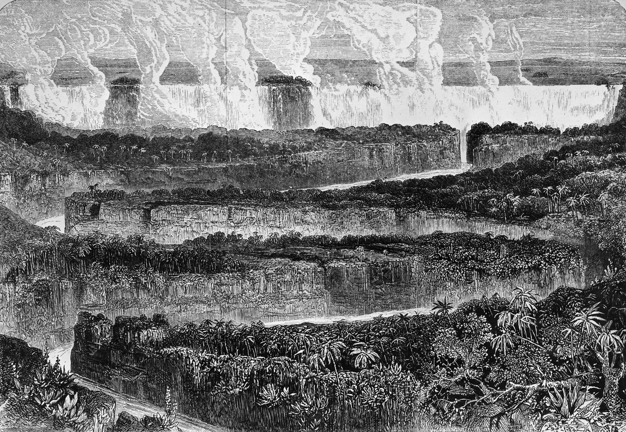 Vista de grandes cataratas do Zambeze, conhecidas como Mosi-oa-Tuny ou Victoria Falls, Zâmbia, gravura de Narrative of Expedition para o Zambeze e seus afluentes, por David Livingstone (1813-1873) e Charles Livingstone (1821-1873), Londres de David Livingstone