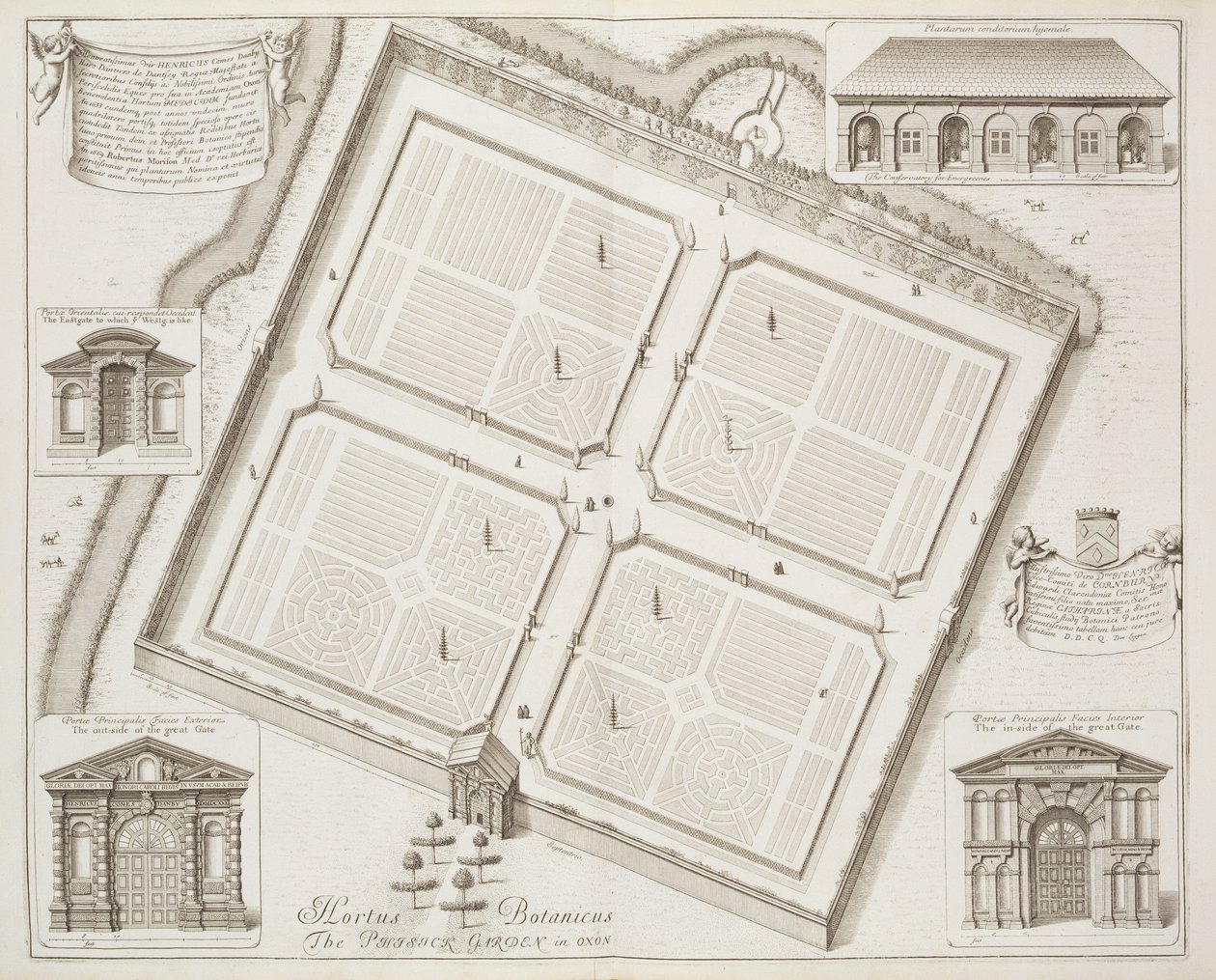 Hortus Botanicus, O Jardim Physick, Oxon, de &39;Oxonia Illustrata&39;, publicado em 1675 de David Loggan