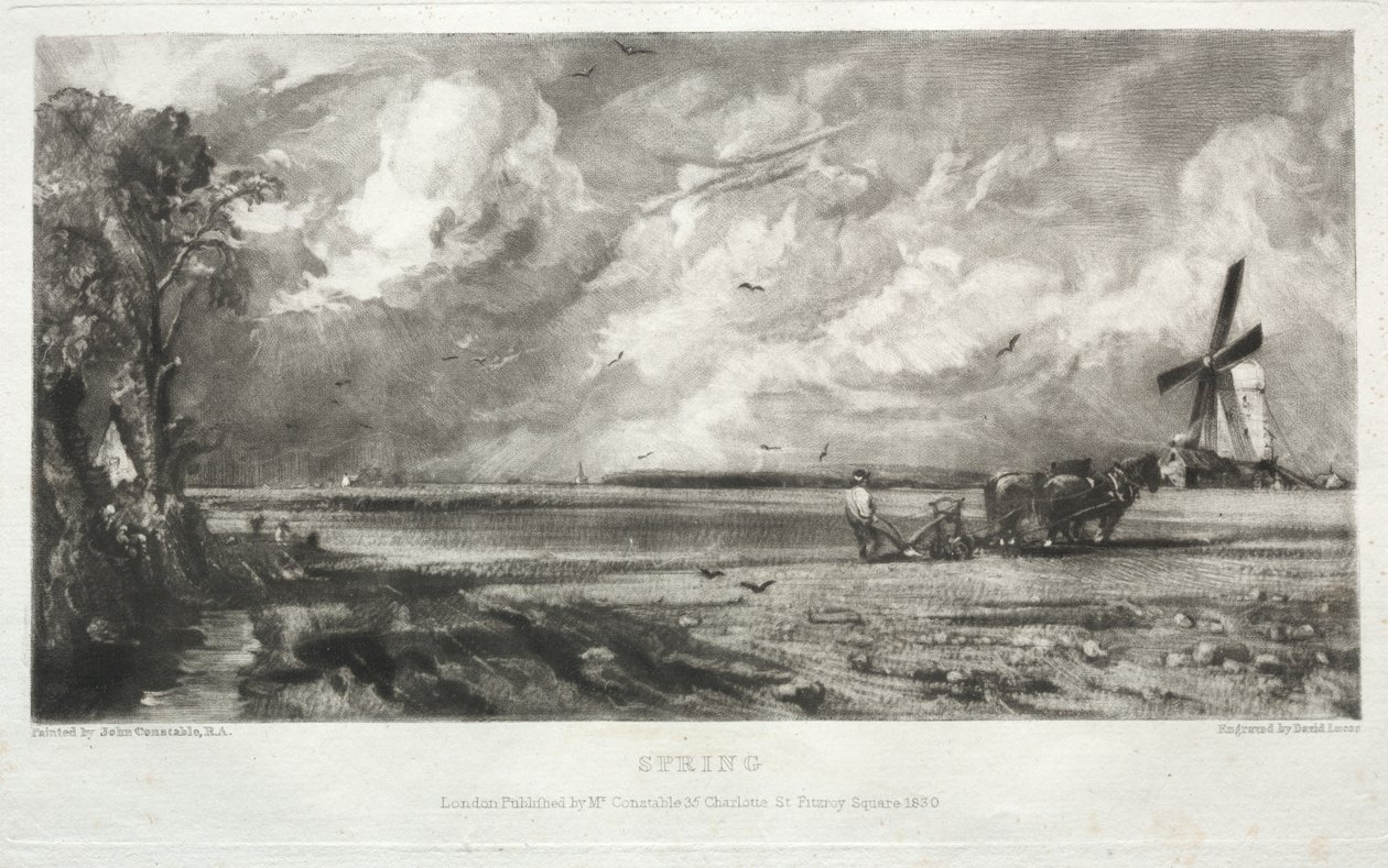 Vários assuntos de paisagem, característicos do cenário inglês de quadros pintados por John Constable, R.A.: Spring. Um Moinho em um Comum. Chuva de granizo. East Bergholt, Suffolk de David Lucas
