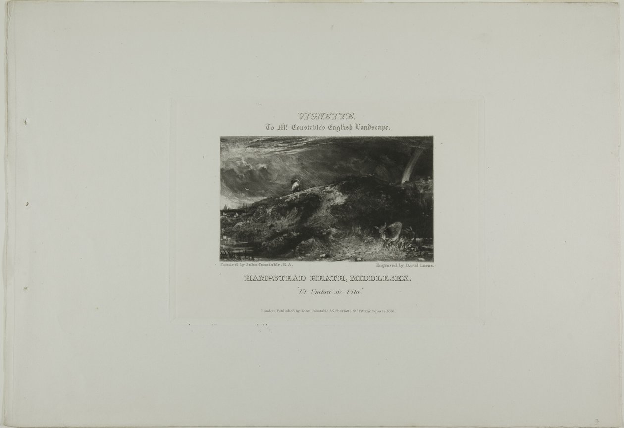 Vinheta da paisagem inglesa de Mr. Constable. Hampstead Heath Middlesex. Ut Umbra sic Vita de David Lucas