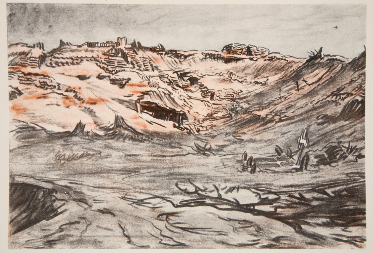 A Quarry new Mouquet Farm, ilustração de "The Western Front", pub. by Country Life Ltd de David Muirhead Bone