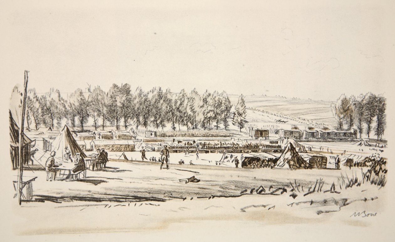 A Railhead, ilustração de "The Western Front", pub. by Country Life Ltd de David Muirhead Bone