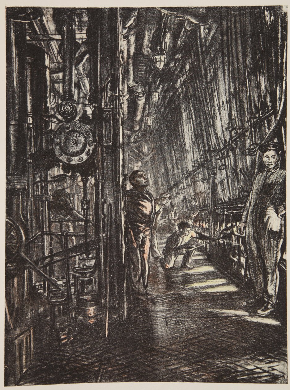 Uma sala de caldeiras num navio de guerra, ilustração de "The Western Front", pub. por Country Life Ltd de David Muirhead Bone