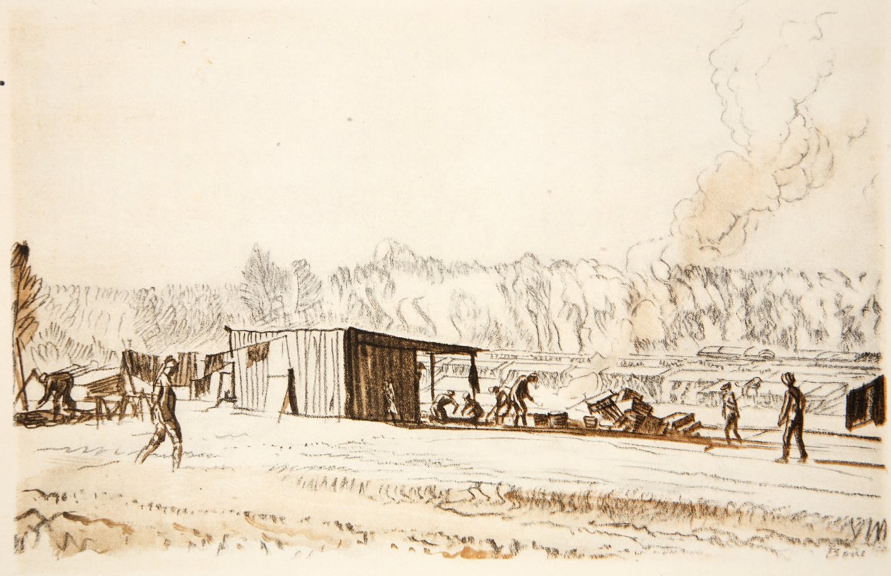 Uma cozinha no campo, ilustração de "The Western Front", pub. por Country Life Ltd de David Muirhead Bone