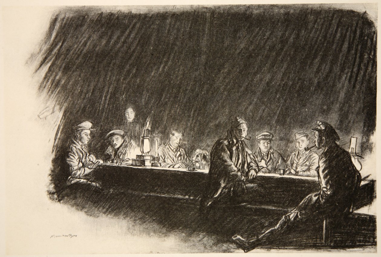 Uma messe do Royal Flying Corps, ilustração de "The Western Front", pub. por Country Life Ltd de David Muirhead Bone