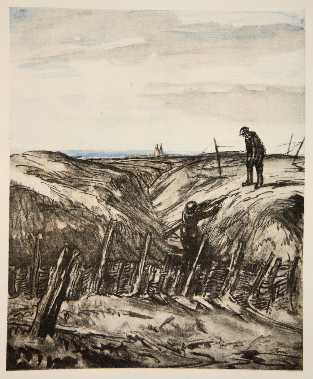 Uma trincheira em ruínas, ilustração de "The Western Front", pub. por Country Life Ltd de David Muirhead Bone
