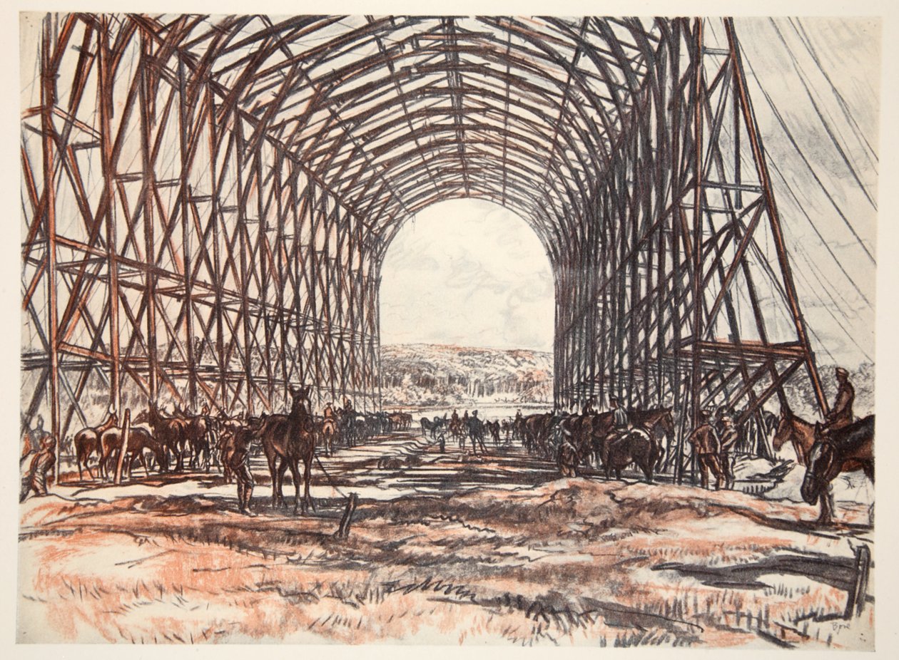 Um estábulo na Frente Ocidental, ilustração de "The Western Front", pub. by Country Life Ltd de David Muirhead Bone
