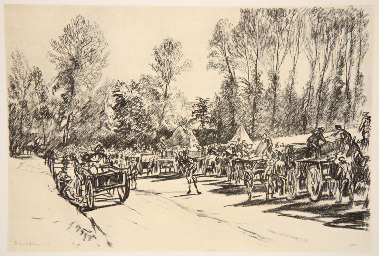 Um ponto de reabastecimento, ilustração de "The Western Front", pub. por Country Life Ltd de David Muirhead Bone