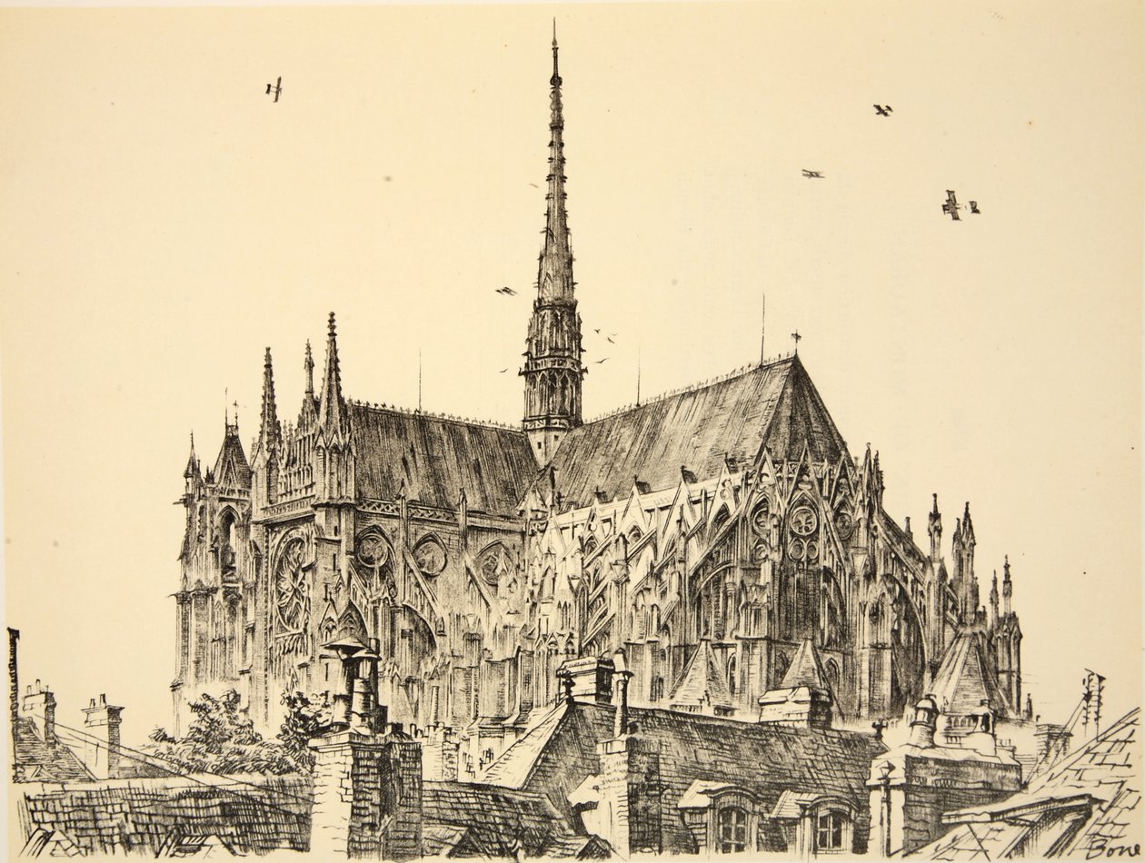 Catedral de Amiens, ilustração de "The Western Front", pub. por Country Life Ltd de David Muirhead Bone