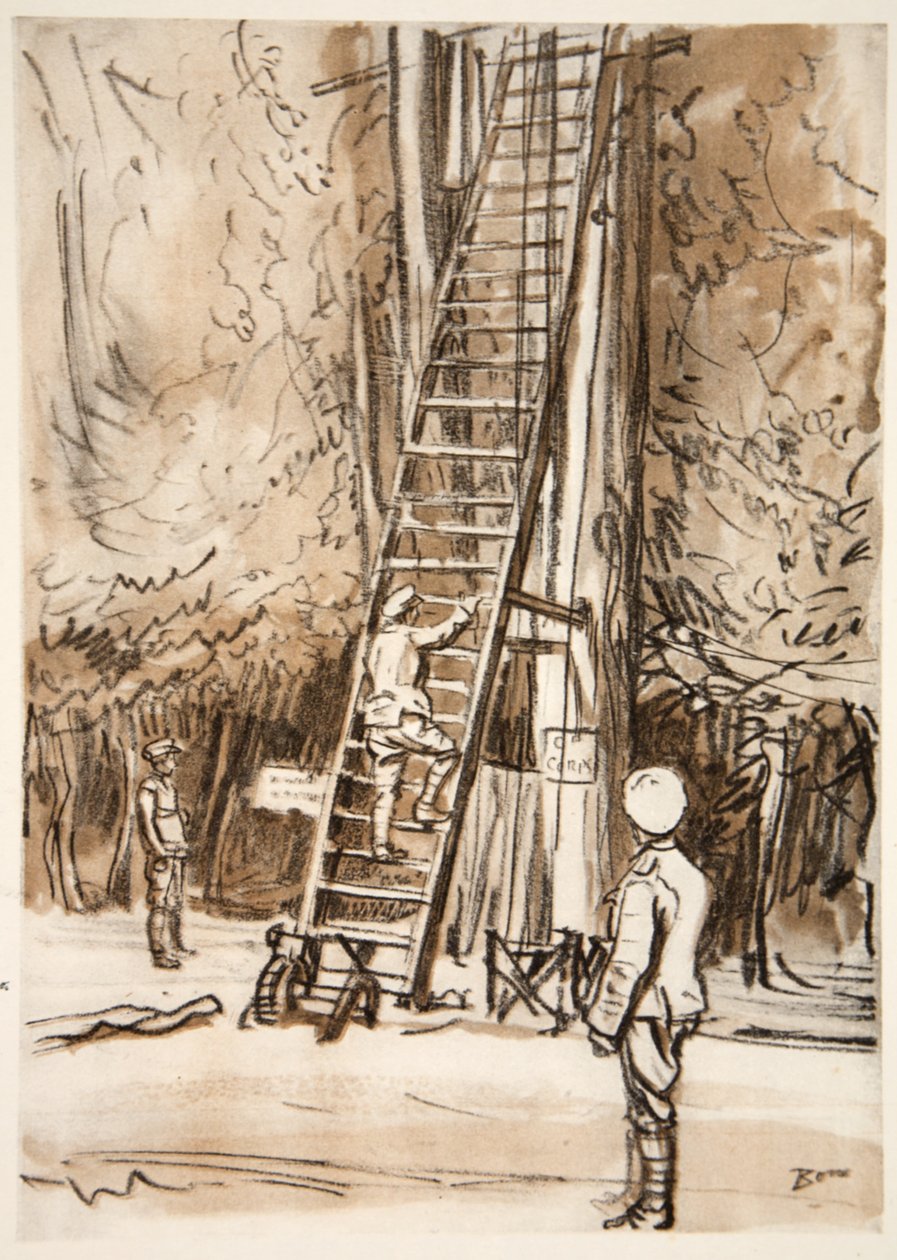 Um posto de observação, ilustração de "The Western Front", pub. por Country Life Ltd de David Muirhead Bone