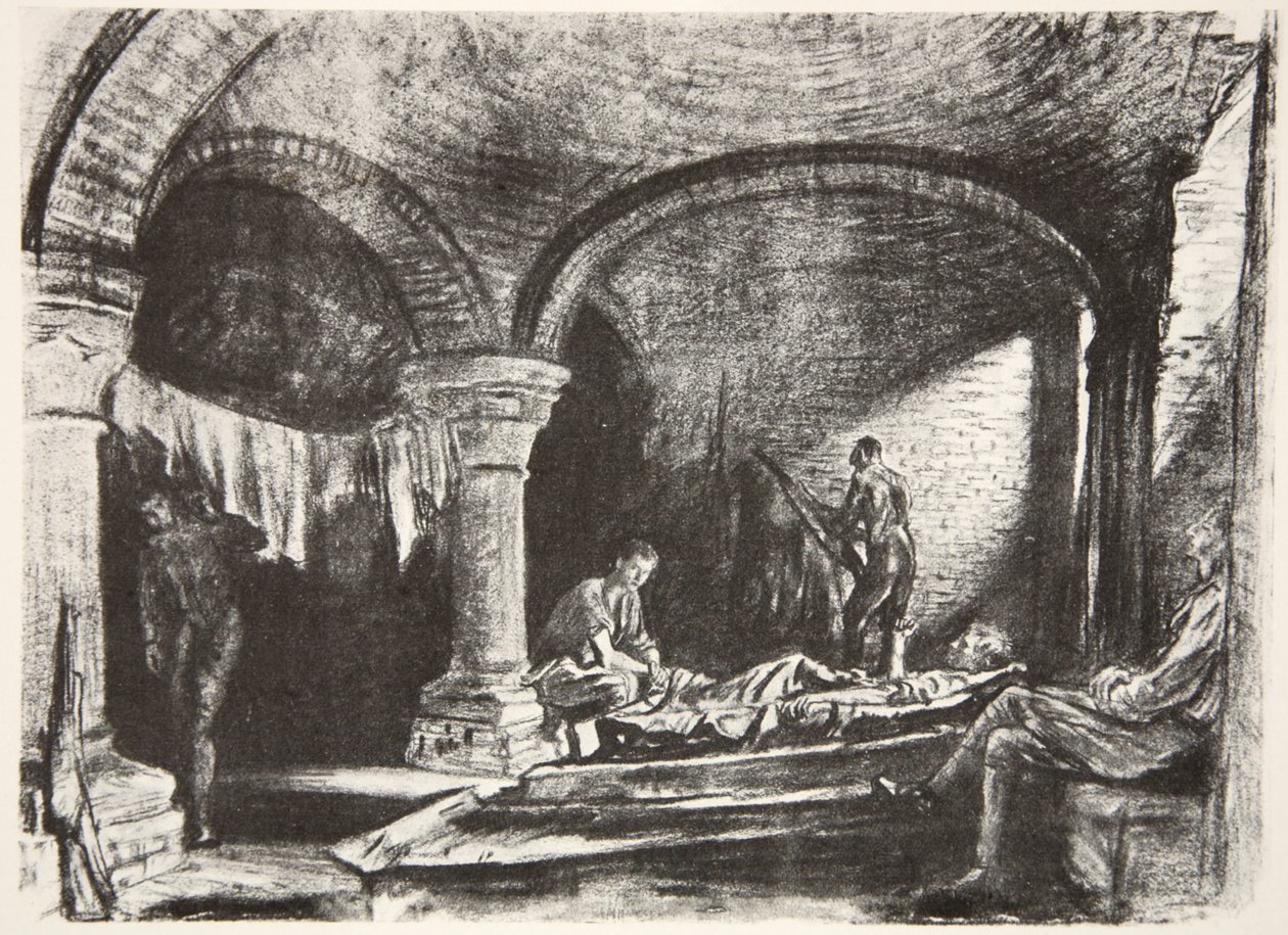 An Underground Billet, ilustração de "The Western Front", pub. by Country Life Ltd de David Muirhead Bone
