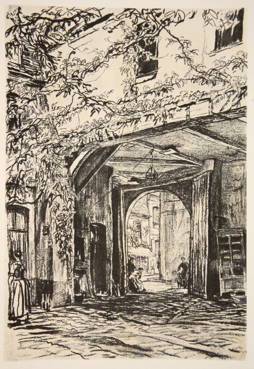 Um ponto de encontro do exército em França, ilustração de "The Western Front", pub. por Country Life Ltd de David Muirhead Bone