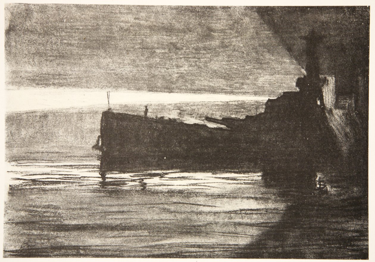 Aproximação nocturna de um navio de guerra, ilustração de "The Western Front", pub. por Country Life Ltd de David Muirhead Bone