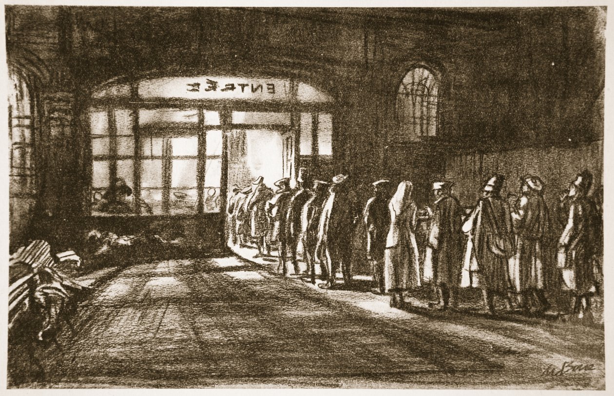 At a Base Station, ilustração de "The Western Front", pub. by Country Life Ltd de David Muirhead Bone