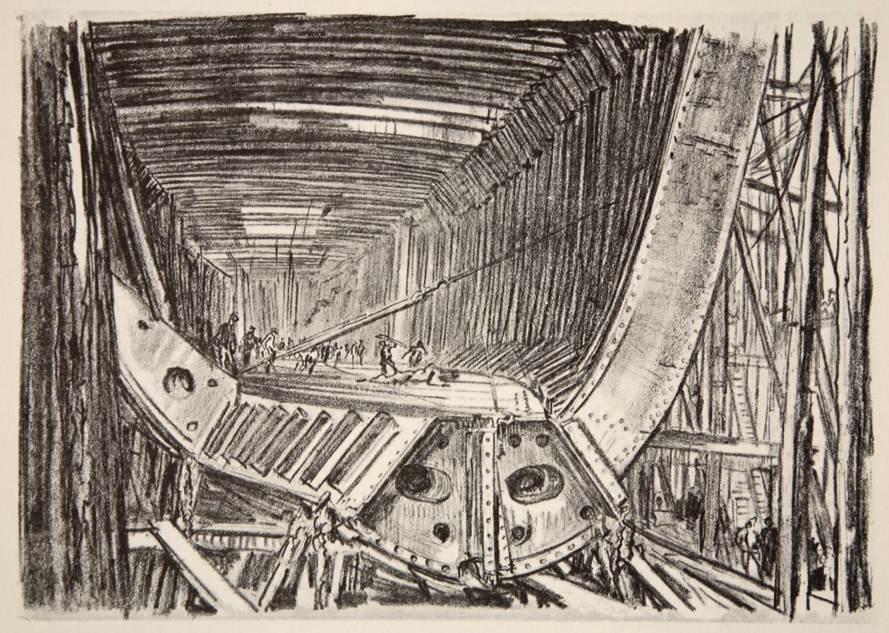 Construção de um navio padrão, ilustração de "The Western Front", pub. by Country Life Ltd de David Muirhead Bone