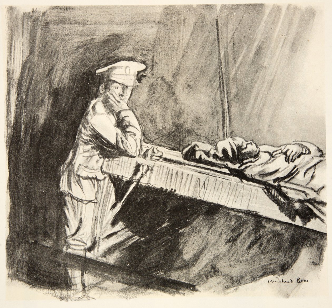 Embarcar os feridos, ilustração de "The Western Front", pub. por Country Life Ltd de David Muirhead Bone